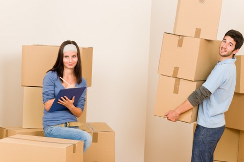 Packed office items ready for transport during a commercial move