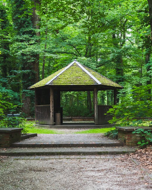 A small wooden pavilion with a moss-covered, sloping roof is situated in a lush, green forest surrounded by tall trees with dense foliage. The structure features open sides, supported by wooden pillars, and is accessible via a short gravel pathway with a few stone steps leading up to it. The area around the pavilion is shaded by the canopy of trees, creating a tranquil and natural setting. Sparse grass and small plants grow along the pathway, blending into the wooded environment. This scene captures the quiet and shaded atmosphere of a park or woodland area, often used for rest or shelter during outdoor activities. The greening moss on the roof indicates a damp climate and adds to the rustic charm of the structure. In the context of house removals or relocation services, this image could evoke the importance of clearing outdoor spaces or preparing properties for moves, reflecting a natural and serene environment that Man with Van Woodford might support in residential or commercial relocation projects.