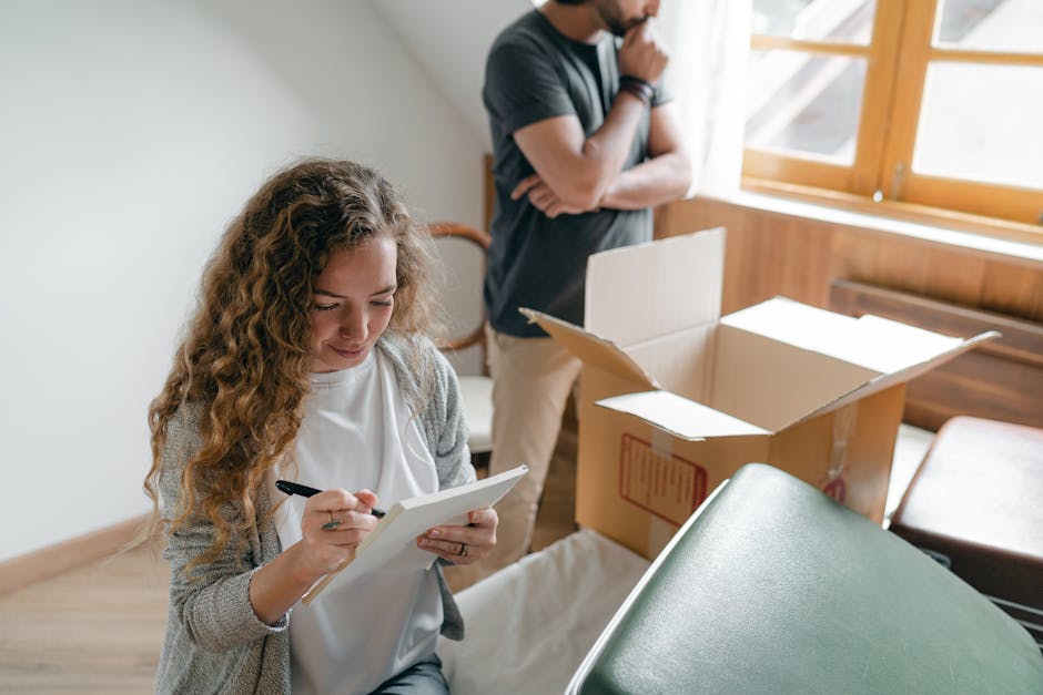 A man with dark, curly hair and a beard is inside a well-lit room, carrying a medium-sized cardboard box labeled 'OFFICE' during a home or office relocation. He is wearing a light beige t-shirt and da